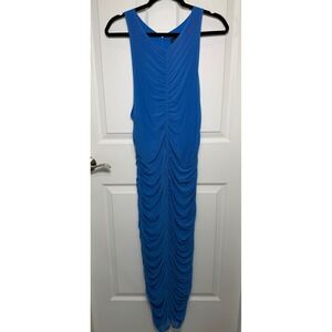 House of Harlow 1960 Ruched Mesh Midi Dress Womens Large Blue Sleeveless V-Neck